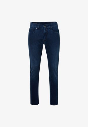 Jeans in denim blu scuro con vestibilità slim, dotati di tasche cucite, chiusura con bottone e una texture liscia.