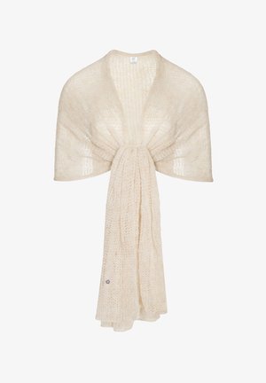 Szydełkowy szal w kremowej bieli, z otwartą fakturą, luźnym krojem i zawiązywanym przodem. Zawiera mały detal z logo blisko hemu.