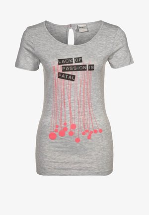 Gray cotton t-shirt with short sleeves, rounded neckline, featuring a printed black and pink text design with dangling lines and circles.