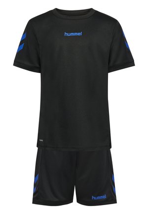 Black sportswear set with blue hummel logos on chest, shorts, and blue chevron stripes on sleeves and sides of shorts.