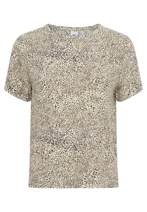 Trumpas rankovėmis bežinis viršus su išsibarsčiusiu tamsiai rudu gyvūnų raštu. Sklandus audinys su apvaliu iškerpimu ir laisvu siluetu.