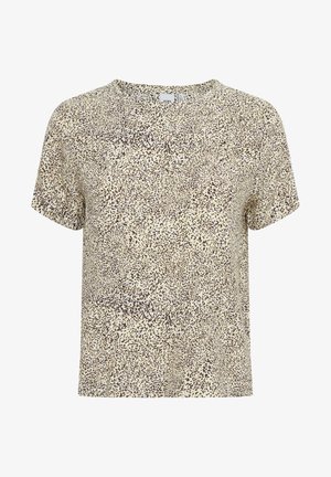 Trumpas rankovėmis bežinis viršus su išsibarsčiusiu tamsiai rudu gyvūnų raštu. Sklandus audinys su apvaliu iškerpimu ir laisvu siluetu.