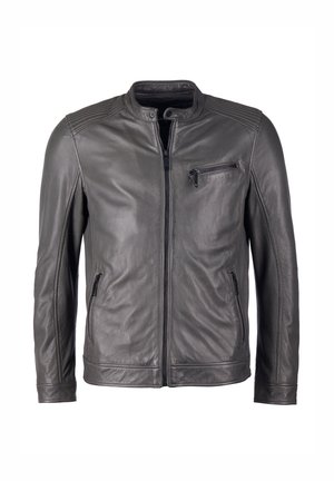 Miesten harmaa nahkatakki vetoketjulla edessä, resorikoristeilla olkapäissä ja kolmella vetoketjullisella taskulla. Sileä pinta ja istuva malli.