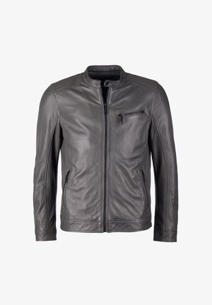 Mannen grijze leren jas met een ritssluiting aan de voorkant, geribbelde schouderaccenten en drie ritszakken. Gladde textuur en een getailleerde pasvorm.