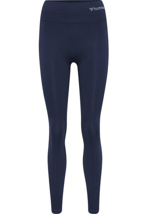 Navy blue leggings made of smooth, stretch fabric with a high waistband and subtle branding near the top. No patterns or hardware visible.