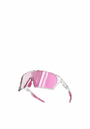 Occhiali da sole sportivi avvolgenti trasparenti con montatura trasparente, lenti rosa e terminali delle aste.