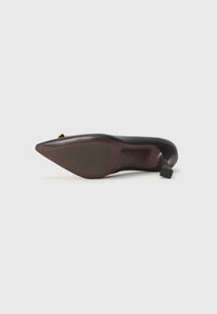 Chaussure noire à talon haut avec un bout pointu, dessus en cuir lisse et talon carré. La semelle est de couleur marron contrastante avec une finition polie.