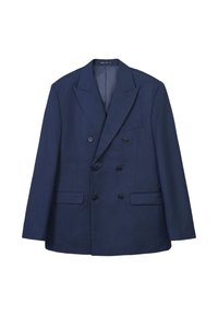 Blazer doppiopetto blu navy realizzato in tessuto liscio, con rever a punta, due tasche frontali e sei bottoni neri per la chiusura.