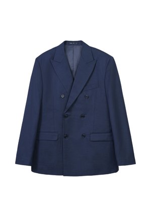 Doppeltbreasted dunkelblaues Blazer aus glattem Stoff mit spitzen Revers, zwei Fronttaschen und sechs schwarzen Knöpfen zum Verschließen.