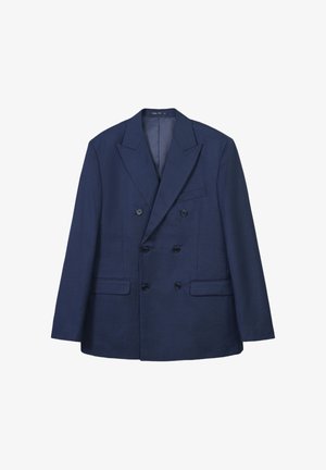 Double-breasted navy blazer made of smooth fabric, featuring peaked lapels, two front pockets, and six black buttons for closure.