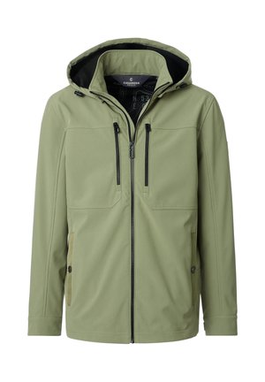 Lichtgroene gewatteerde jas met capuchon, zwarte ritssluiting en twee verticale borstzakken, ontworpen voor buitengebruik.