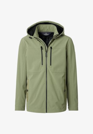 Lichtgroene gewatteerde jas met capuchon, zwarte ritssluiting en twee verticale borstzakken, ontworpen voor buitengebruik.