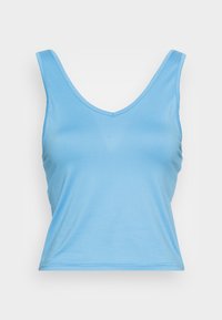 Top de alças azul sem mangas com um design em V, apresentando uma textura suave e uma forma ajustada. Sem padrões ou detalhes visíveis.