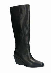 Bottines en cuir noir, hauteur genou, avec un orteil carré, un talon effilé et une texture lisse. Coutures renforcées et détails d'accent minimes.
