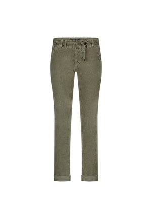 Olivengrønne fløjlbukser med elastisk talje, snørelukning og opkrøllede manchetter. Har lodret ribbet tekstur.