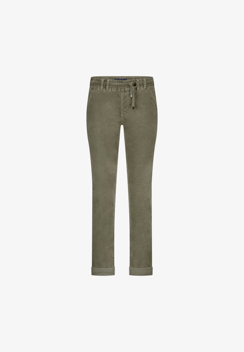 Olive green corduroy pants with an elastic waistband, drawstring closure, and rolled cuffs. Features vertical ribbing texture.