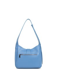Sac à épaule en cuir bleu clair avec une forme semi-structurée, doté d'une poche zippée �à l'avant et d'une bandoulière ajustable. Texture lisse.