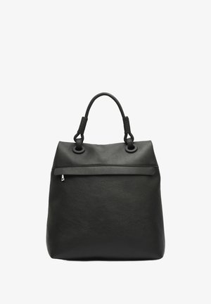 Black leather handbag with a structured shape, featuring two top handles and a zippered closure. Smooth texture with minimal hardware accents.
