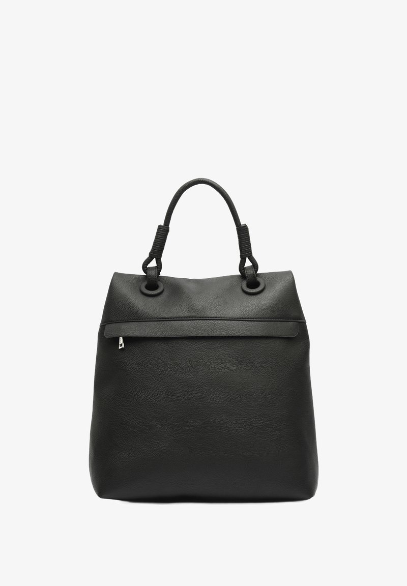 Črna usnjena torbica z določeno obliko, ki ima dva zgornja ročaja in zadrgo. Gladka tekstura z minimalnimi kovinskimi dodatki.