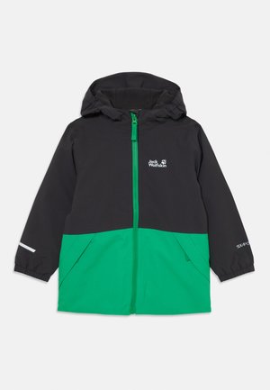Jachetă pentru copii în negru și verde, cu fermoar frontal, glugă, manșete elastice și buzunare laterale. Fabricată dintr-un material ușor, rezistent la apă.