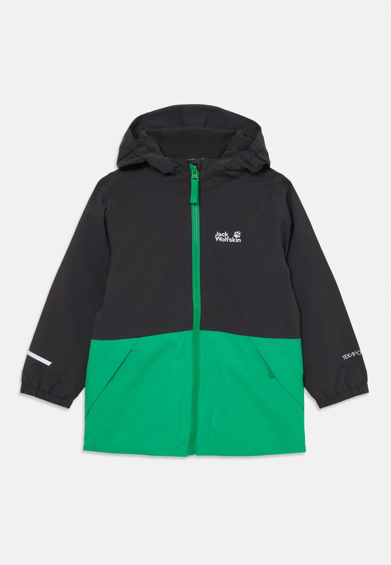 Kinderjacke in Schwarz und Grün, mit durchgehendem Reißverschluss, Kapuze, elastischen Bündchen und Seitentaschen. Hergestellt aus leichtem, wasserabweisendem Material.