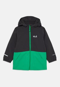 Veste noire et verte à capuche Jack Wolfskin avec fermeture éclair frontale et deux poches latérales, conçue pour enfants.