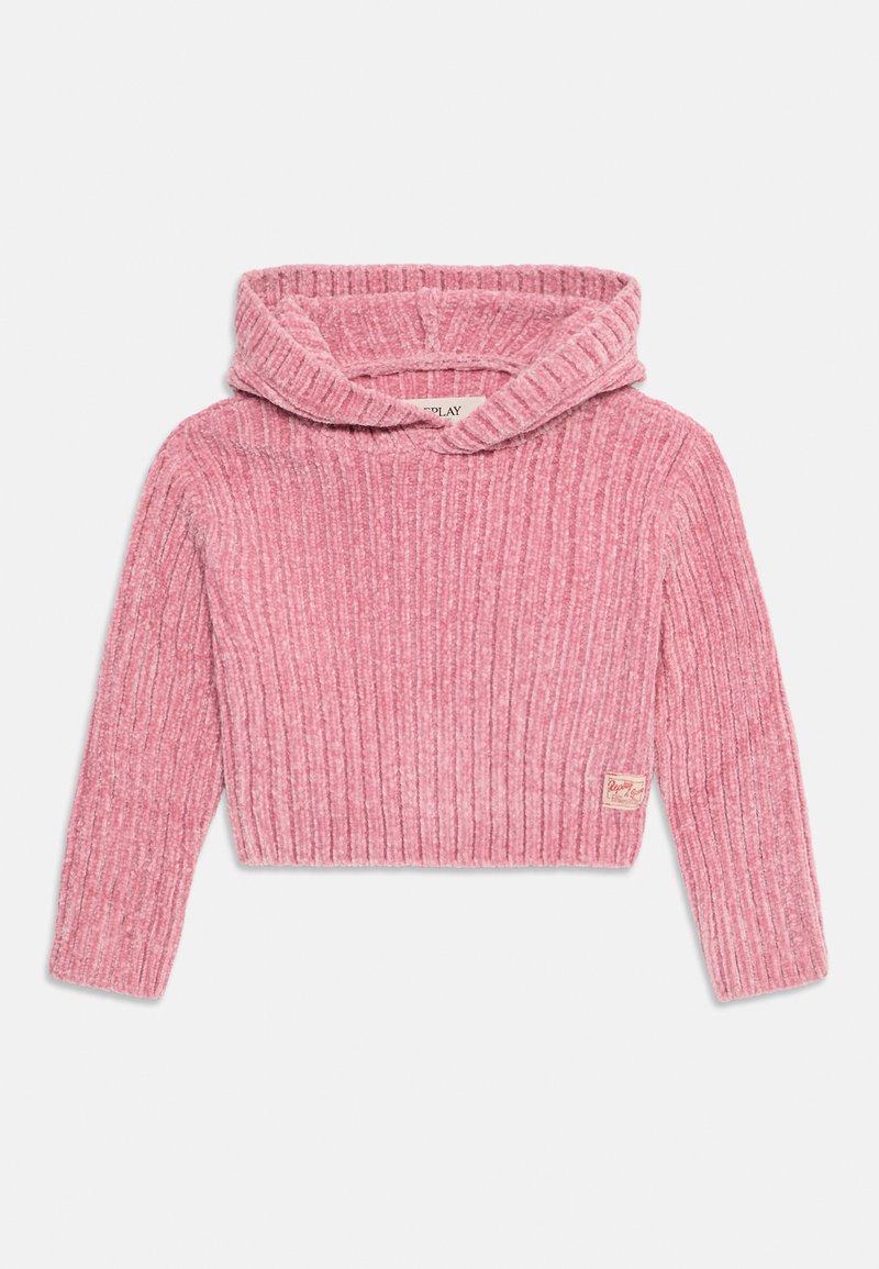 Sudadera corta de punto acanalado en color rosa con mangas largas y una pequeña etiqueta de tela en el lado inferior izquierdo.