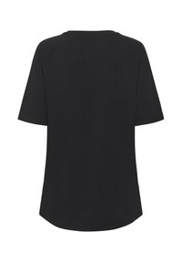 Camiseta de algodón de manga corta en color negro. Cuello redondo con hombros sin costuras y un dobladillo inferior curvado. Textura suave.