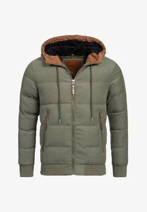 Olive green puffer jacket with brown accents, zip closure, two front pockets, and a textured hood lining. Ribbed cuffs and hem.