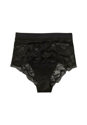 Černé krajkové kalhotky s širokým elastickým pasem, zdobené květinovými vzory a vlnitým okrajem kolem nohaviček. Měkká textura.
