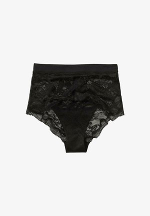 Černé krajkové kalhotky s širokým elastickým pasem, zdobené květinovými vzory a vlnitým okrajem kolem nohaviček. Měkká textura.