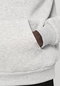 Light gray sweatshirt featuring a kangaroo pocket and ribbed cuffs. Smooth cotton blend fabric with a label on the pocket side.