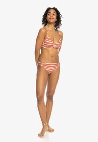 Ensemble de bikini rayé en terre cuite et crème. Le haut possède des bretelles réglables et un décolleté en V. Le bas a une coupe taille basse et des fronces sur le côté.