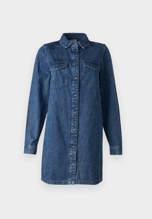 Rochie cămașă din denim de un albastru închis. Are mâneci lungi, închidere cu nasturi în față, două buzunare pe piept și un guler clasic. Croi lejer.