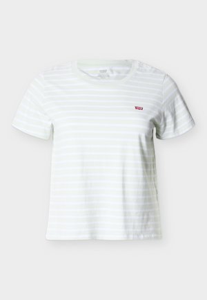 Bela in svetlo zelena tanka majica s kratkimi rokavi s horizontalnimi črtami in majhno rdečo Levi's logotipno oznako na levi strani prsi.