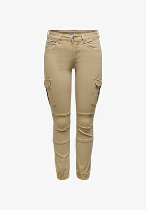 Beige cargo-housut, joissa on joustavat nilkkareunat, sivutaskut ja säädettävä muotoilu. Valmistettu kevyestä kankaasta, jossa on sujuva pinta.