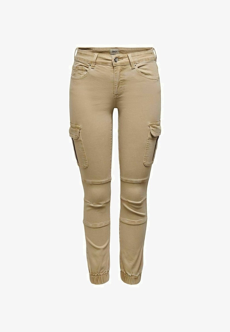 Pantalones cargo beige con puños elásticos en los tobillos, bolsillos laterales y un diseño ajustado. Fabricados con una tela ligera de textura suave.