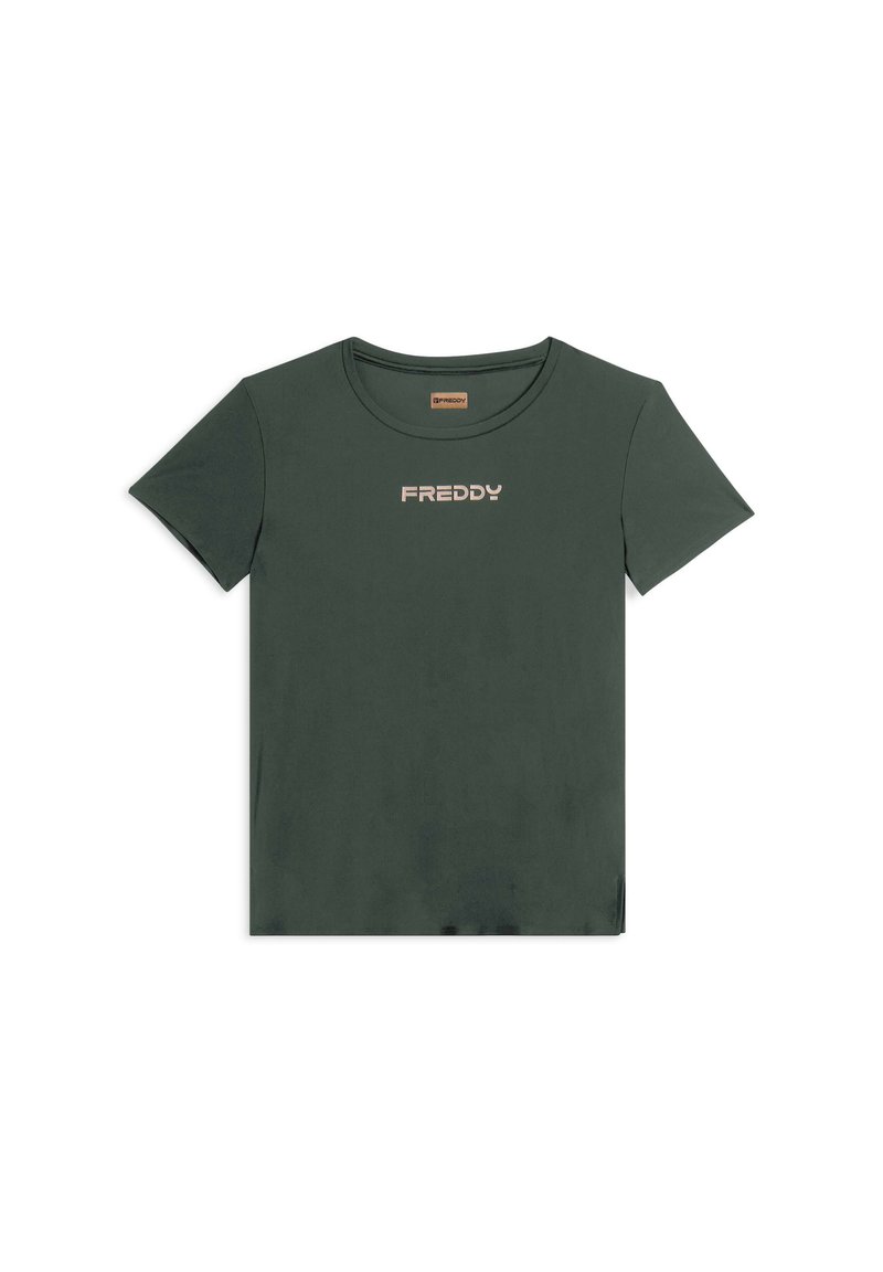 T-shirt in cotone verde scuro con scollatura rotonda e maniche corte. Presenta un logo dorato "FREDDY" sul davanti. Texture liscia e design casual.