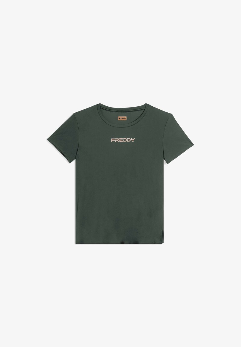 T-shirt in cotone verde scuro con scollatura rotonda e maniche corte. Presenta un logo dorato "FREDDY" sul davanti. Texture liscia e design casual.