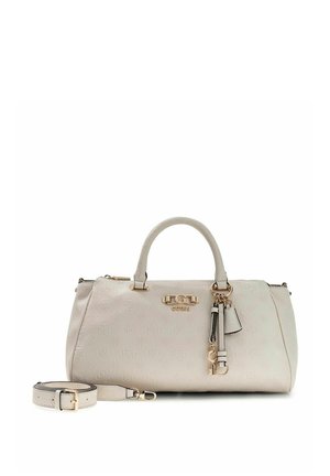Sac à main Guess beige avec motif de logo embossé, double poignée, pompons décoratifs et bandoulière assortie amovible avec ferrures dorées.