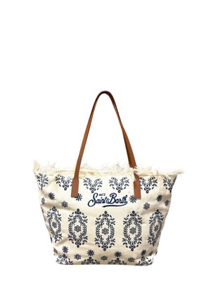 Beige canvas tote bag met marineblauwe geborduurde patronen, "MC2 Saint Barth" logo, franjes en bruine leren schouderriemen.