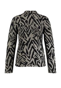 Maglione lavorato a maglia nero e panna con design a zigzag di stampa animale, maniche lunghe e scollatura rotonda. Texture morbida e spessore medio.