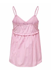 Top rose sans manches avec fines rayures, détail froncé à la taille et fines bretelles ajustables, conçu pour une tenue décontractée.