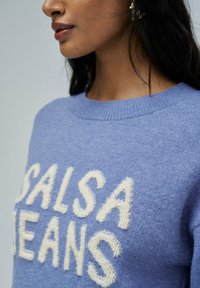 Jasnoniebieski sweter wykonany na drutach z wypukłym, kremowym logo "SALSA JEANS". Klasyczny design z okrągłym dekoltem i prążkowanymi detalami przy szyi.