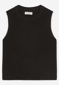 Top a maniche corte nero in maglia senza maniche con una texture a coste e scollo rotondo. Design semplice senza ulteriori motivi o decorazioni.