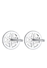 Gemelli in argento con un design circolare caratterizzato da un motivo floreale intagliato e una finitura liscia. La chiusura è di tipo classico a perno.