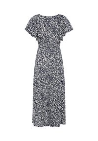 Robe midi à imprimé léopard noir et blanc, manches courtes volantées, taille cintrée et jupe évasée en ligne A.