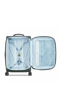 Valise verte avec une fermeture éclair, ouverte pour révéler un intérieur rayé bleu, des sangles ajustables et une poche en mesh sur un côté. Roues lisses pour la mobilité.