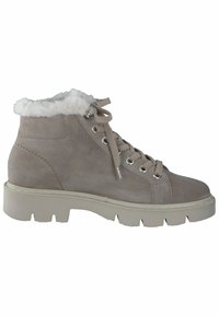 Bottines en suède gris avec un col en fausse fourrure blanche, semelle plate en plateforme et bout rond ; elles présentent des œillets en métal et des lacets plats.