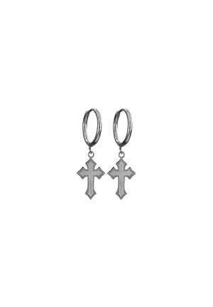 Pendientes de aro de plata con colgantes en forma de cruz que cuentan con un diseño simple, simétrico y bordes suaves.